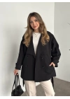 Ara boy düğmeli beli kuşaklı oversize astarlı trençkot siyah