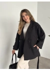Ara boy düğmeli beli kuşaklı oversize astarlı trençkot siyah
