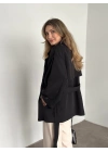 Ara boy düğmeli beli kuşaklı oversize astarlı trençkot siyah