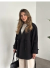 Ara boy düğmeli beli kuşaklı oversize astarlı trençkot siyah