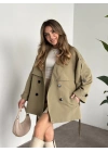 Ara boy düğmeli beli kuşaklı oversize astarlı trençkot yeşil