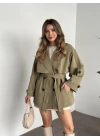 Ara boy düğmeli beli kuşaklı oversize astarlı trençkot yeşil