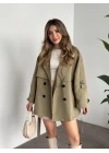 Ara boy düğmeli beli kuşaklı oversize astarlı trençkot yeşil