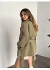 Ara boy düğmeli beli kuşaklı oversize astarlı trençkot yeşil