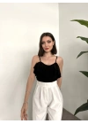 Askı Detaylı Volanlı İthal Sandy Bluz Siyah