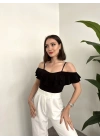 Askı Detaylı Volanlı İthal Sandy Bluz Siyah