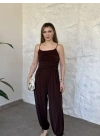 Askılı sandy kumaş tulum kahve