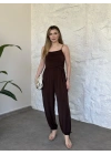 Askılı sandy kumaş tulum kahve