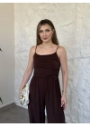 Askılı sandy kumaş tulum kahve
