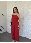 Askılı sandy kumaş tulum kırmızı
