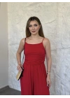 Askılı sandy kumaş tulum kırmızı