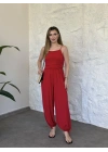 Askılı sandy kumaş tulum kırmızı