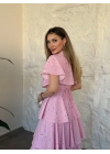 Askısı ayarlanabilir pelerinli kat katlı elbise pembe