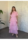 Askısı ayarlanabilir pelerinli kat katlı elbise pembe