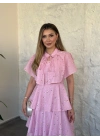 Askısı ayarlanabilir pelerinli kat katlı elbise pembe
