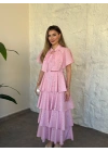 Askısı ayarlanabilir pelerinli kat katlı elbise pembe