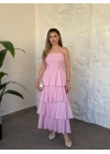 Askısı ayarlanabilir pelerinli kat katlı elbise pembe