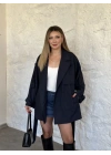 Aura çizgili ara boy trenç lacivert