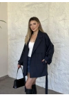 Aura çizgili ara boy trenç lacivert