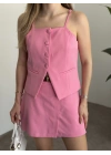Ayarlanabilir askılı şort etekli mini takım pembe