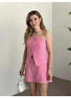 Ayarlanabilir askılı şort etekli mini takım pembe