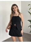 Ayarlanabilir askılı şort etekli mini takım siyah