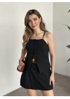 Ayarlanabilir askılı şort etekli mini takım siyah
