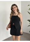 Ayarlanabilir askılı şort etekli mini takım siyah