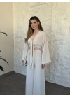 Bağlamalı crop üst rahat kesim pantolon takım Krem