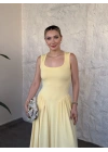 Bel drapeli prenses elbise sarı