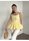 Belden oturtmalı balon etekli tasarim bluz sarı