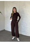 beli büzgülü paça lastikli basic takım kahve