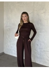 beli büzgülü paça lastikli basic takım kahve