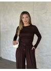 beli büzgülü paça lastikli basic takım kahve