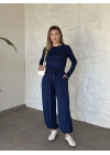 beli büzgülü paça lastikli basic takım lacivert