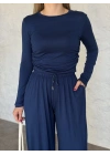 beli büzgülü paça lastikli basic takım lacivert