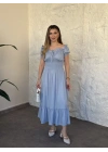 Beli gipeli madonna yaka önden bağlamalı elbise bebek mavisi