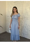 Beli gipeli madonna yaka önden bağlamalı elbise bebek mavisi