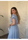 Beli gipeli madonna yaka önden bağlamalı elbise bebek mavisi
