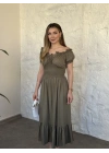 Beli gipeli madonna yaka önden bağlamalı elbise haki