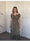 Beli gipeli madonna yaka önden bağlamalı elbise haki