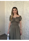 Beli gipeli madonna yaka önden bağlamalı elbise haki
