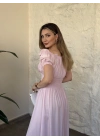 Beli gipeli madonna yaka önden bağlamalı elbise pembe