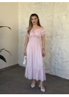 Beli gipeli madonna yaka önden bağlamalı elbise pembe