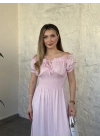 Beli gipeli madonna yaka önden bağlamalı elbise pembe