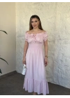 Beli gipeli madonna yaka önden bağlamalı elbise pembe