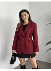 Beli kemer detaylı blazer ceket bordo