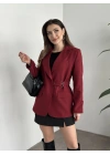 Beli kemer detaylı blazer ceket bordo