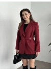 Beli kemer detaylı blazer ceket bordo