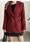 Beli kemer detaylı blazer ceket bordo